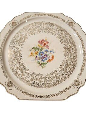 Vintage Queen Anne Union Made Warranted 22K Gold Square Dinner Plate Platter 12”